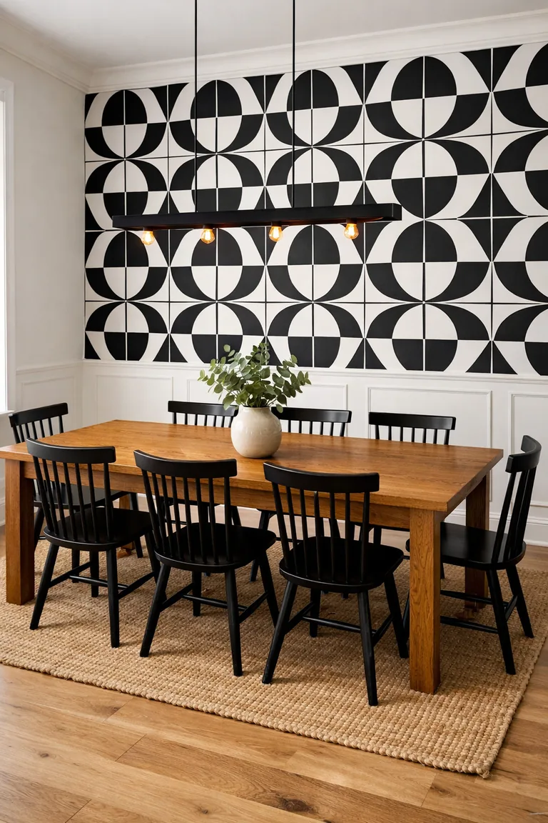 A dining room with black-and-white geometric wallpaper, a warm oak table with black chairs, a jute rug, and a black pendant light in soft daylight.
