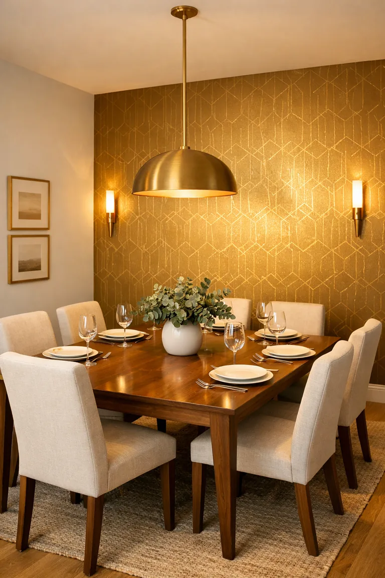A dining room with a gold metallic geometric wallpaper accent wall, a walnut table with six cream upholstered chairs, and warm brass lighting in evening light.