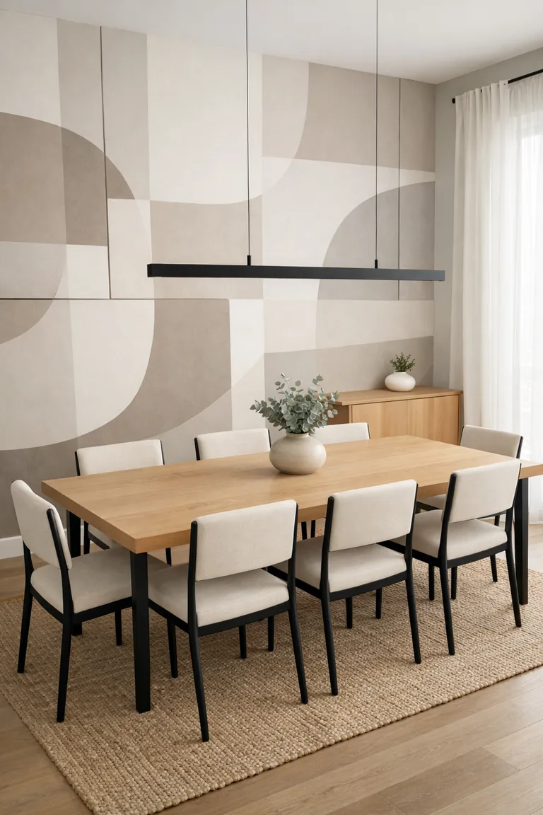 Modern dining room with soft neutral abstract wallpaper, a light oak table with black chairs, a black linear pendant, and daylight through sheer curtains.
