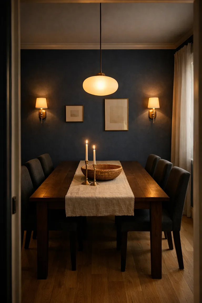 Moody dining room with deep navy wallpaper, dark wood table, charcoal upholstered chairs, warm brass sconces, glowing pendant light, and candles on a linen runner.