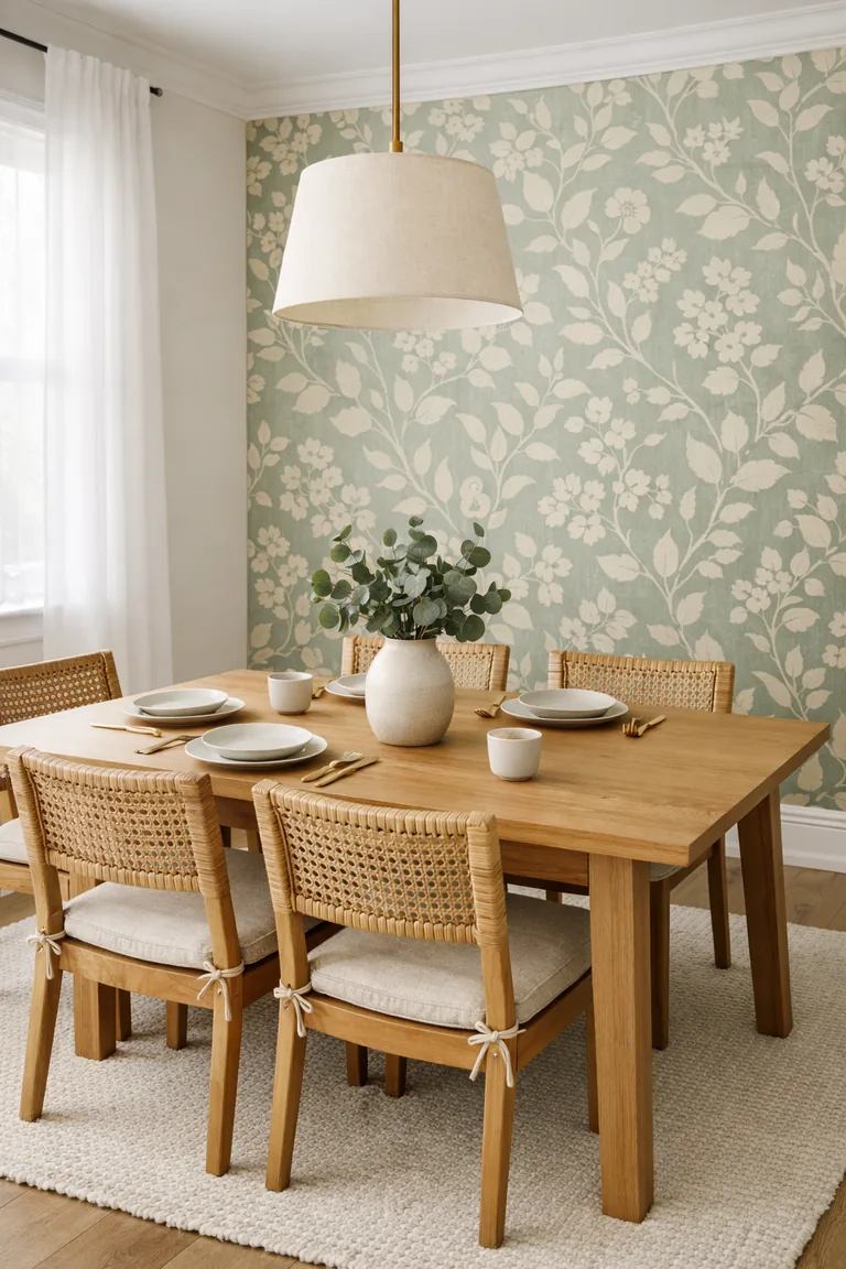 A bright dining room with a sage-and-cream botanical wallpaper accent wall, a light oak table, woven rattan chairs, and a linen pendant light.