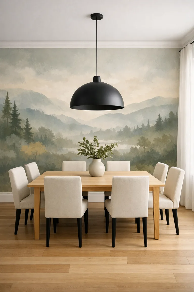 Dining room with a misty landscape mural wallpaper behind a light oak table and six off-white upholstered chairs, lit by a black dome pendant and daylight from a window with sheer curtains.