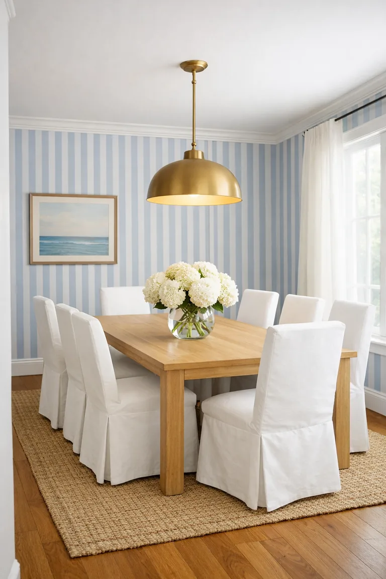 Dining room with blue-and-white vertically striped wallpaper, a light wood table with white slipcovered chairs, a jute rug, a brass pendant light, and a tall window with sheer curtains.