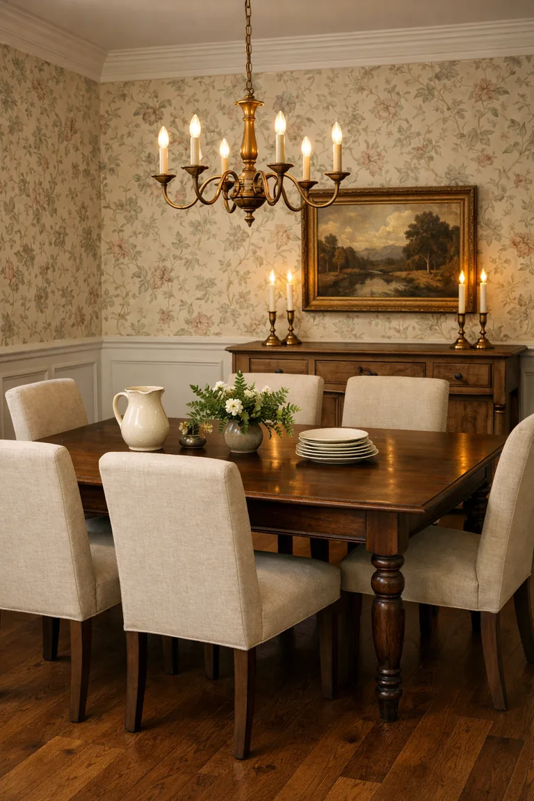 A traditional dining room with cream floral vintage wallpaper, white wainscoting, an antique dark wood table with upholstered chairs, and a brass chandelier lit overhead.