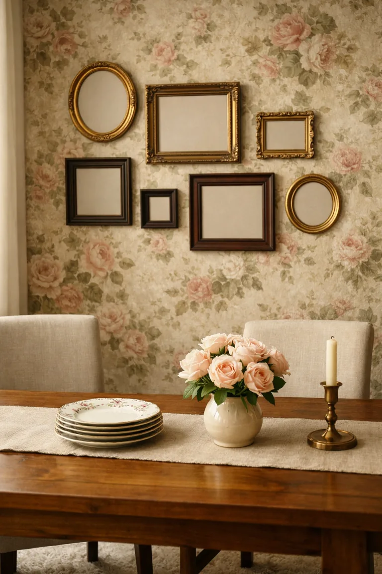 A dining room with faded vintage floral wallpaper, a wooden dining table with a linen runner and vintage china, and antique frames on the wall in warm natural light.