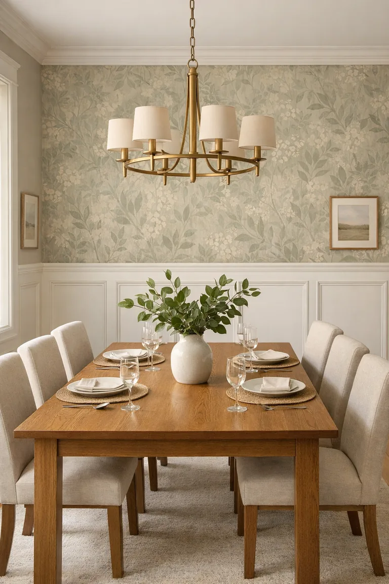 Dining room with white wainscoting on the lower walls and muted green botanical wallpaper above, featuring an oak table, linen chairs, a brass chandelier, and soft daylight.