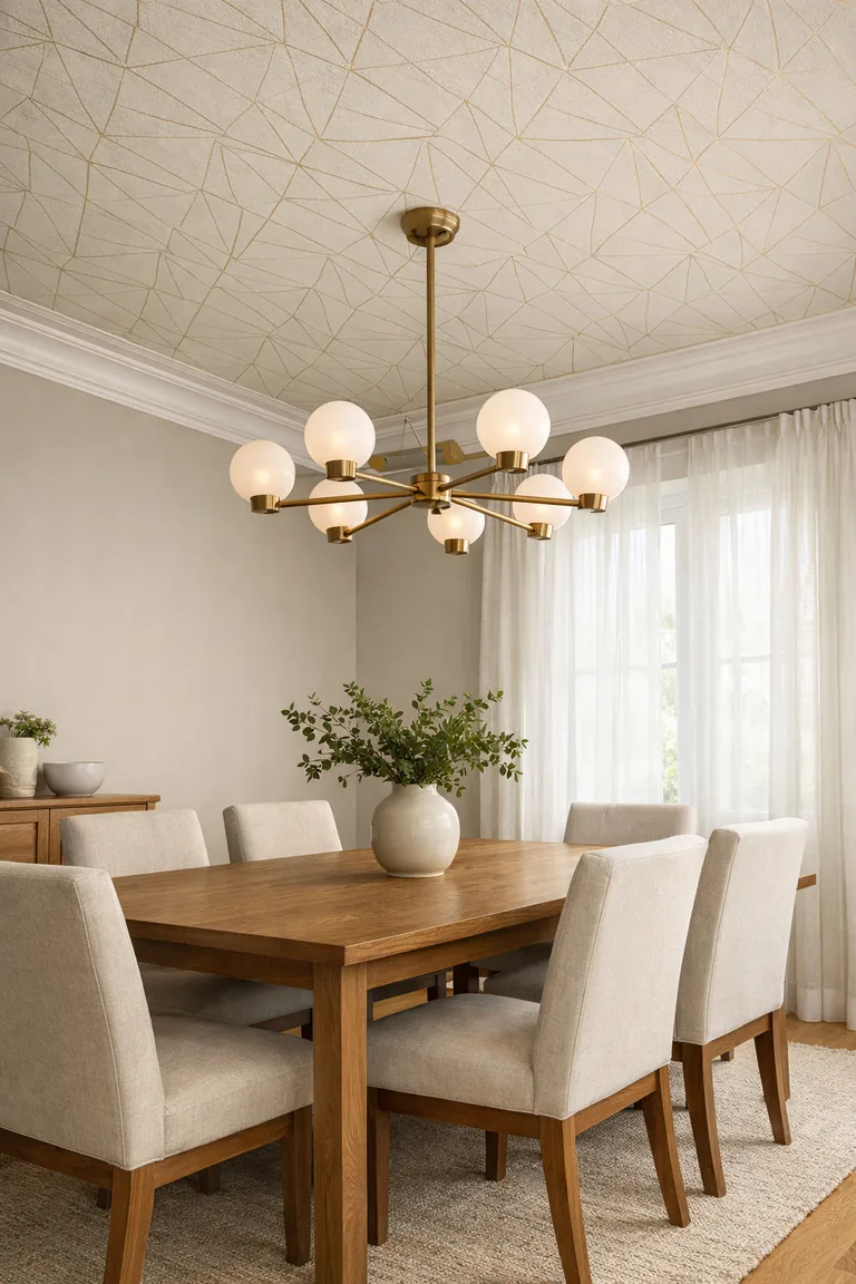 Dining room with an ivory geometric wallpapered ceiling with thin gold lines, a brass globe chandelier, an oak table with six upholstered chairs, and daylight through sheer curtains.