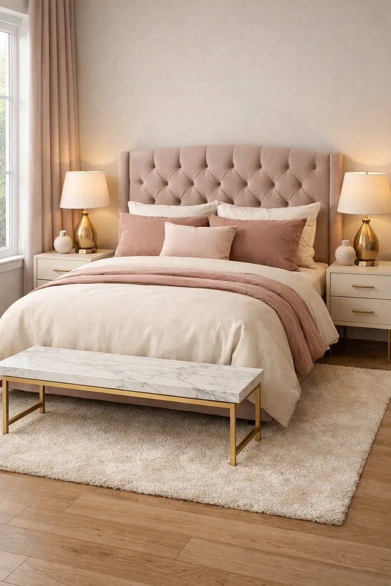 A blush bedroom with a tufted upholstered headboard, dusty rose and cream bedding, cream nightstands with gold hardware, brass lamps, a marble-topped bench with gold legs, mauve curtains, and an ivory rug on light oak floors.