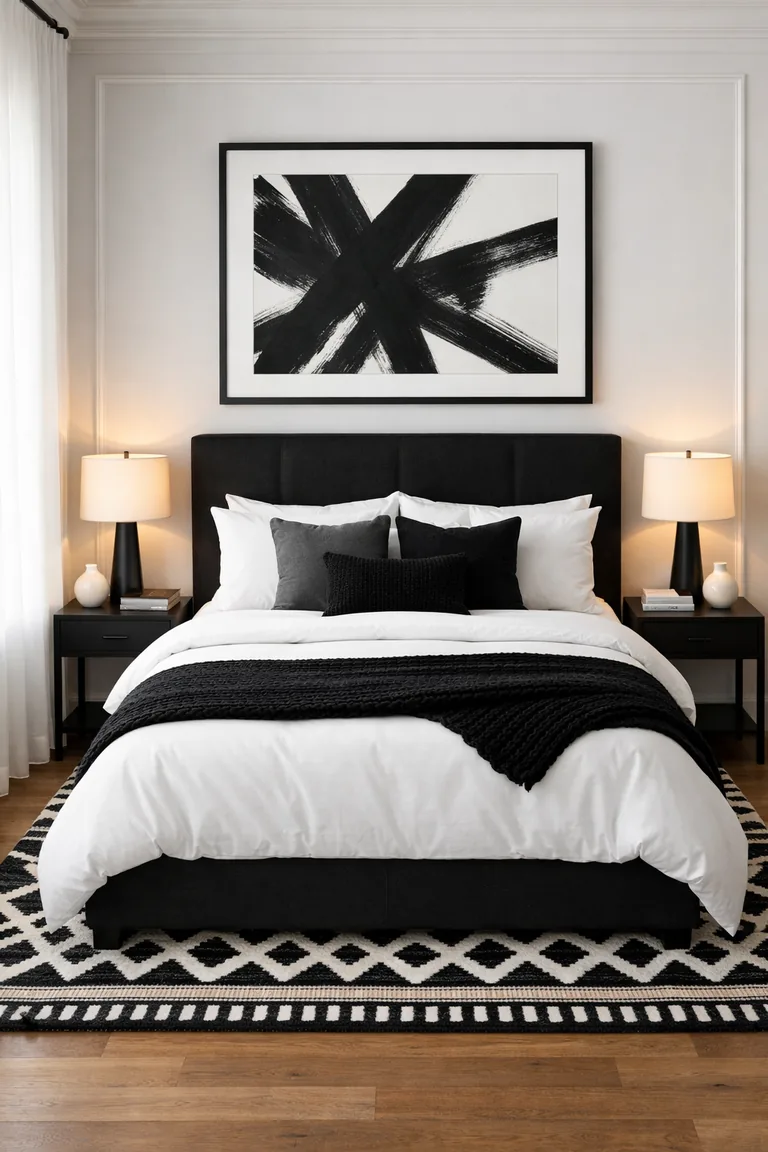 Black-and-white bedroom with a black upholstered headboard, white bedding, charcoal accents, black nightstands, a patterned rug on oak flooring, and a black-framed artwork above the bed.