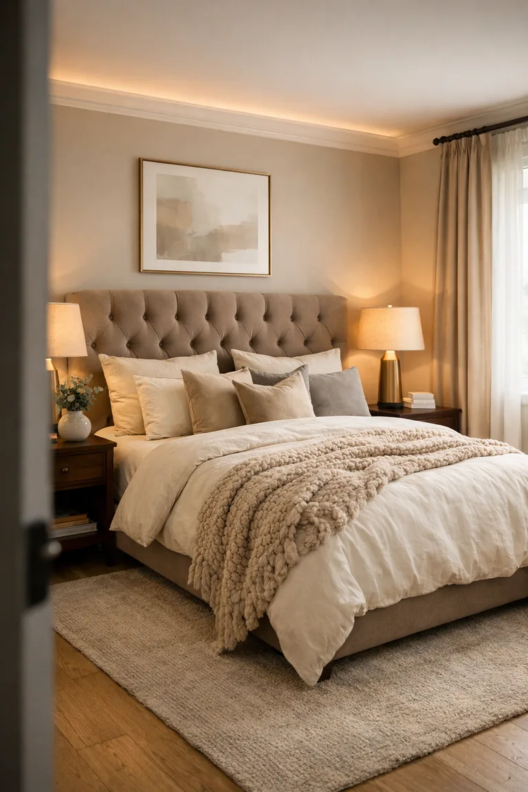 Photorealistic bedroom with a taupe tufted upholstered bed, cream duvet, layered neutral pillows, an oatmeal knit throw, brass bedside lamps on walnut nightstands, beige drapes, a neutral rug, and framed art above the headboard.