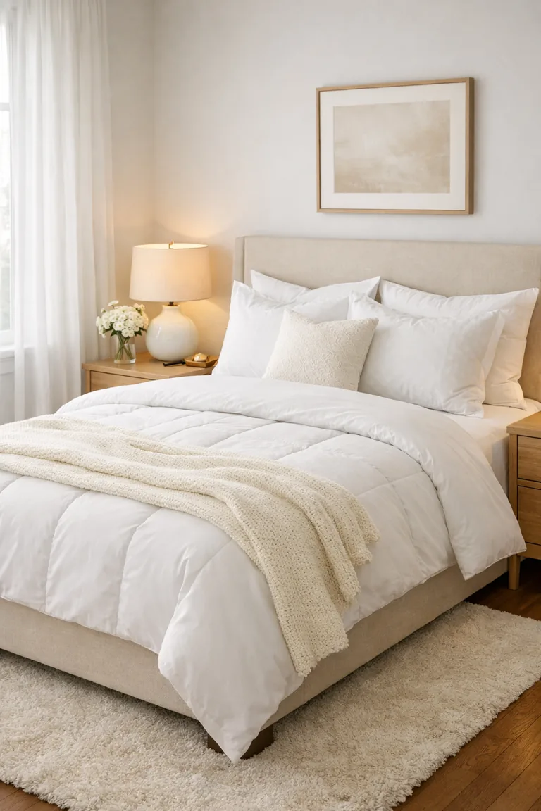 White bedroom with a layered white bed, ivory knit throw, beige upholstered headboard, pale oak nightstands, a ceramic lamp, sheer curtains, cream rug, and neutral wall art in soft daylight.