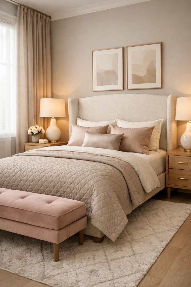 A refined bedroom with an ivory upholstered headboard, layered cream, taupe, and blush bedding, light oak nightstands with brass hardware, warm table lamps, taupe linen curtains, a wool rug, and a blush velvet bench.
