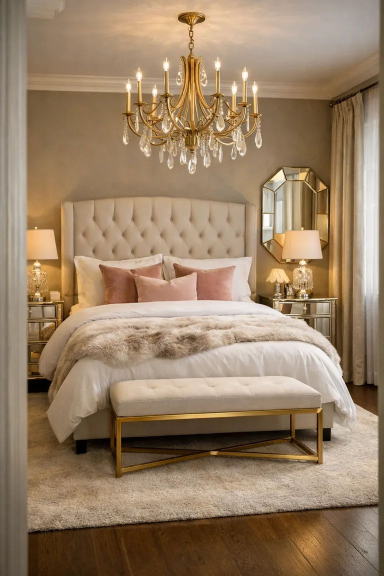Glam bedroom with a cream tufted bed, white bedding with blush velvet pillows, mirrored nightstands with crystal lamps, a gold and glass chandelier, and champagne curtains.