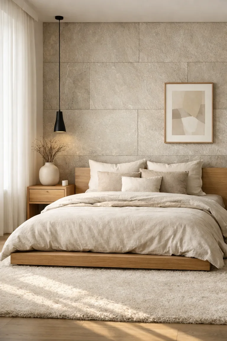 Minimalist bedroom with a beige linen-covered platform bed, oak nightstand, ivory rug, stone accent wall, pendant light, and sheer white curtains lit by soft sunlight.