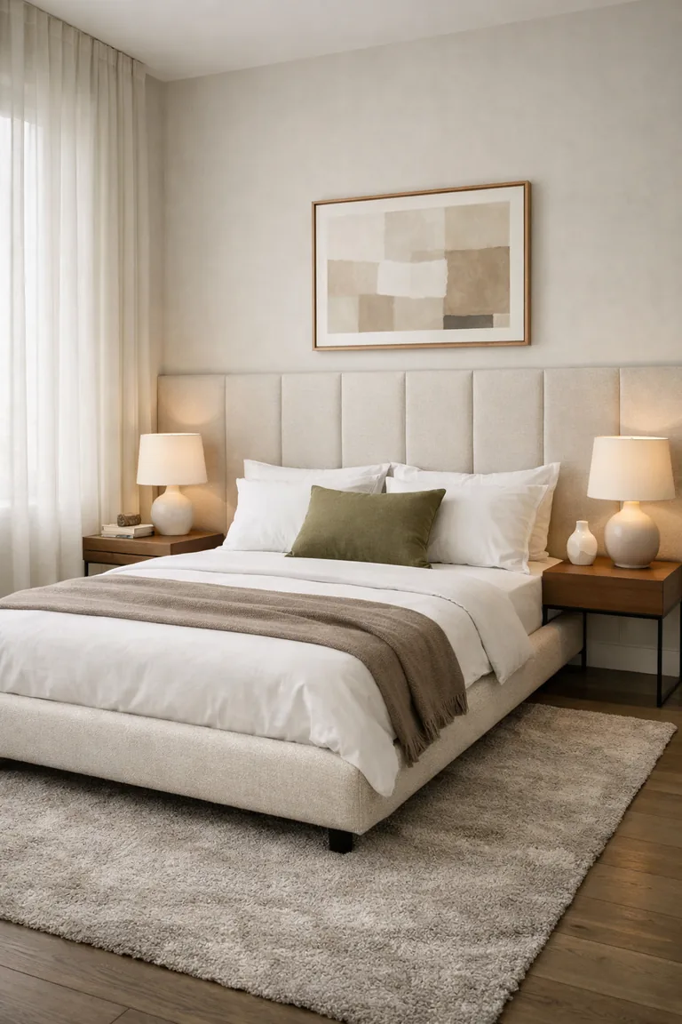 A modern bedroom with an ivory upholstered bed, walnut nightstands, neutral bedding, ceramic lamps, a greige rug, and sheer curtains letting in soft daylight.