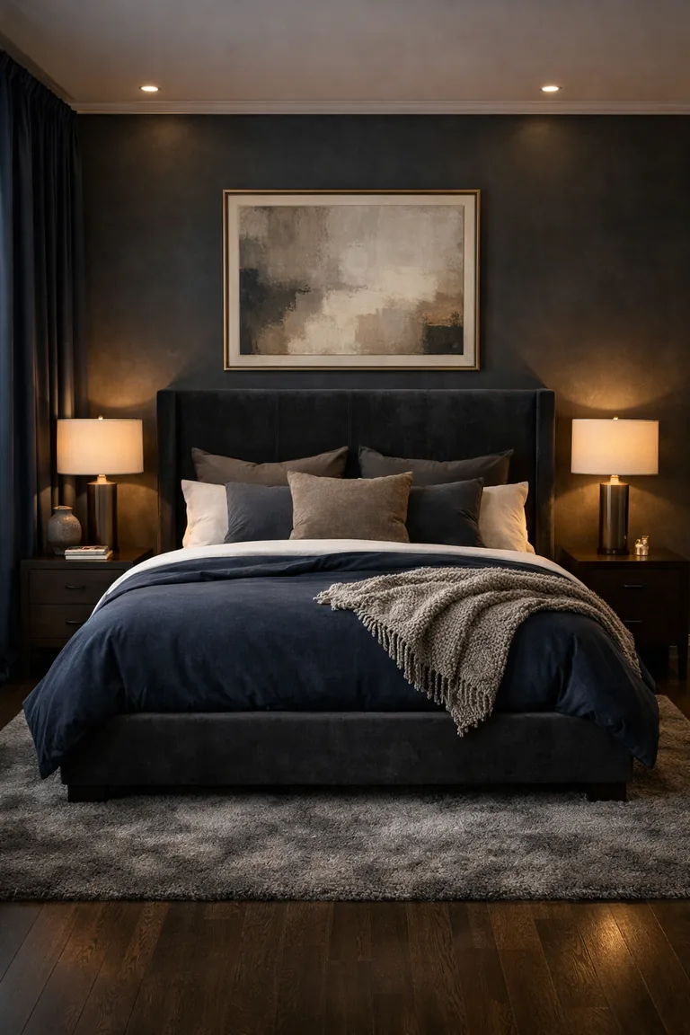 A moody dark bedroom with a charcoal velvet upholstered bed, navy and white bedding, brass bedside lamps on dark wood nightstands, a smoky gray rug on dark wood floors, and deep navy curtains.