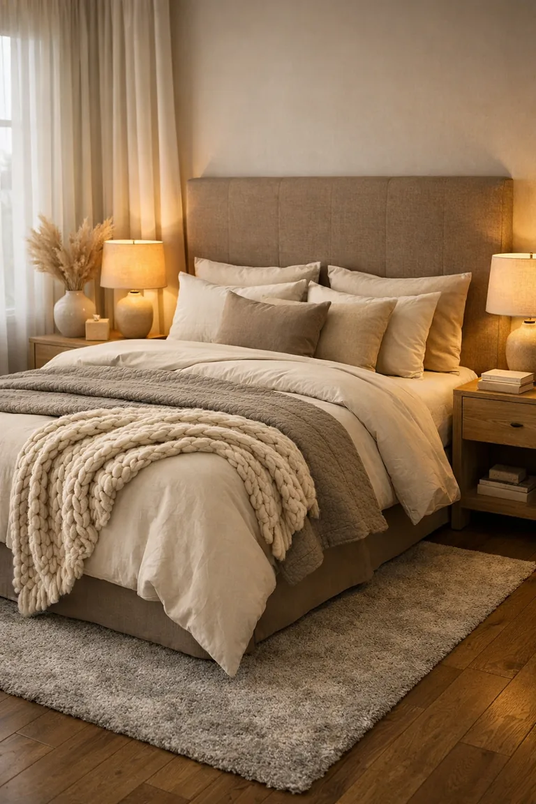Neutral luxury bedroom with a taupe upholstered headboard, layered cream and gray bedding, warm bedside lamps on oak nightstands, off-white curtains, and a soft gray rug on wood floors.
