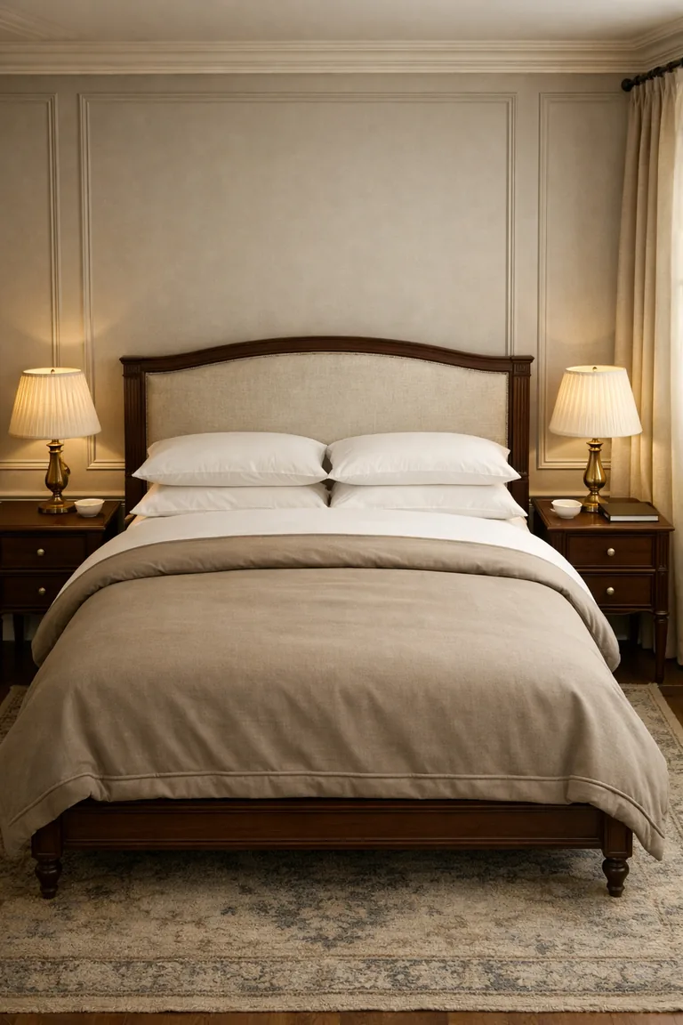 Elegant bedroom with an oatmeal linen upholstered headboard, white bedding with a taupe duvet, dark walnut nightstands, brass lamps with pleated ivory shades, paneled greige walls, a muted vintage rug, and beige linen drapes lit by soft morning light.