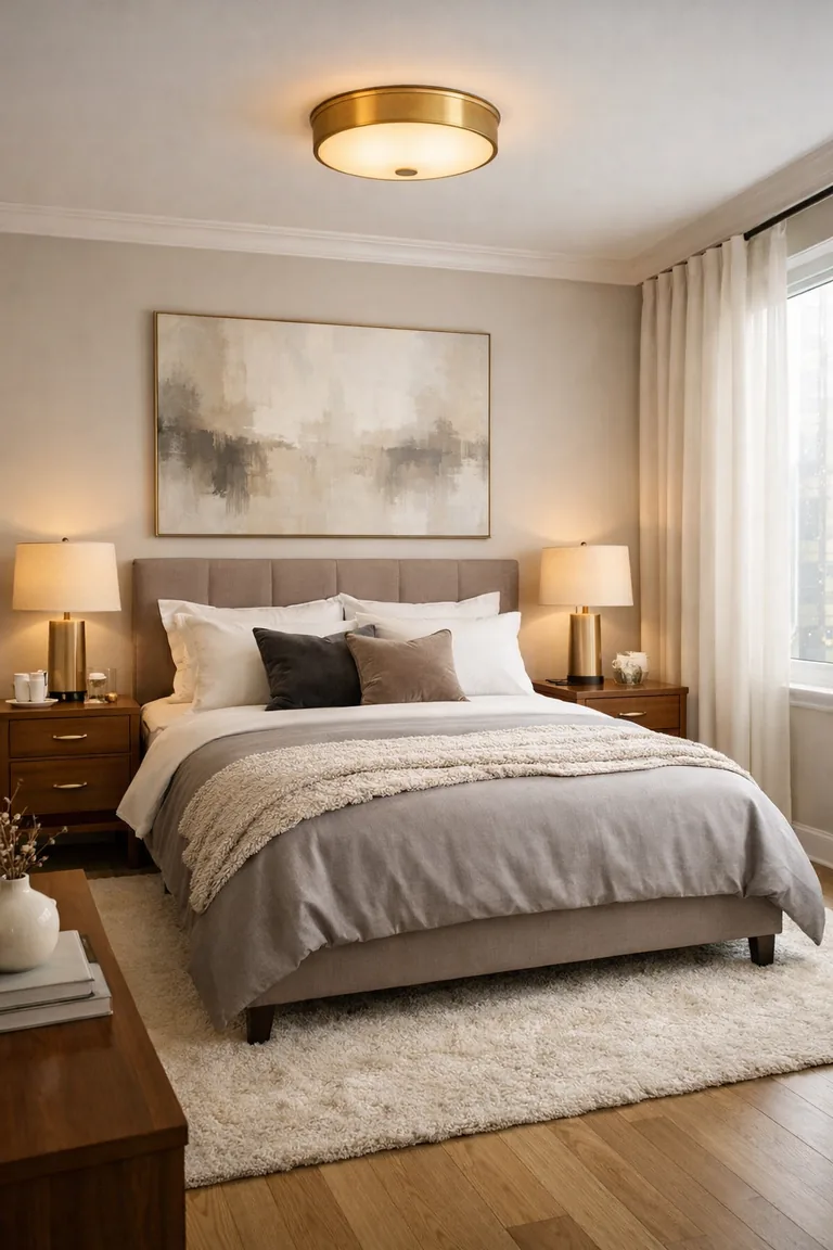 A polished apartment bedroom with a taupe upholstered bed, white and gray bedding, matching walnut nightstands with brass details, warm lamps, off-white curtains by a tall window, an ivory rug, and a slim walnut dresser.