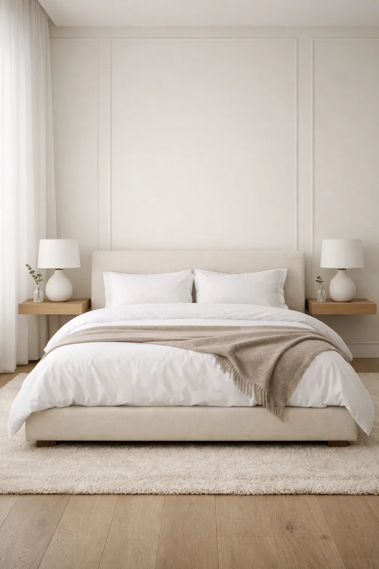 A minimalist neutral bedroom with an ivory upholstered bed, white bedding, light oak nightstands with white lamps, a cream rug, and sheer curtains lit by soft daylight.