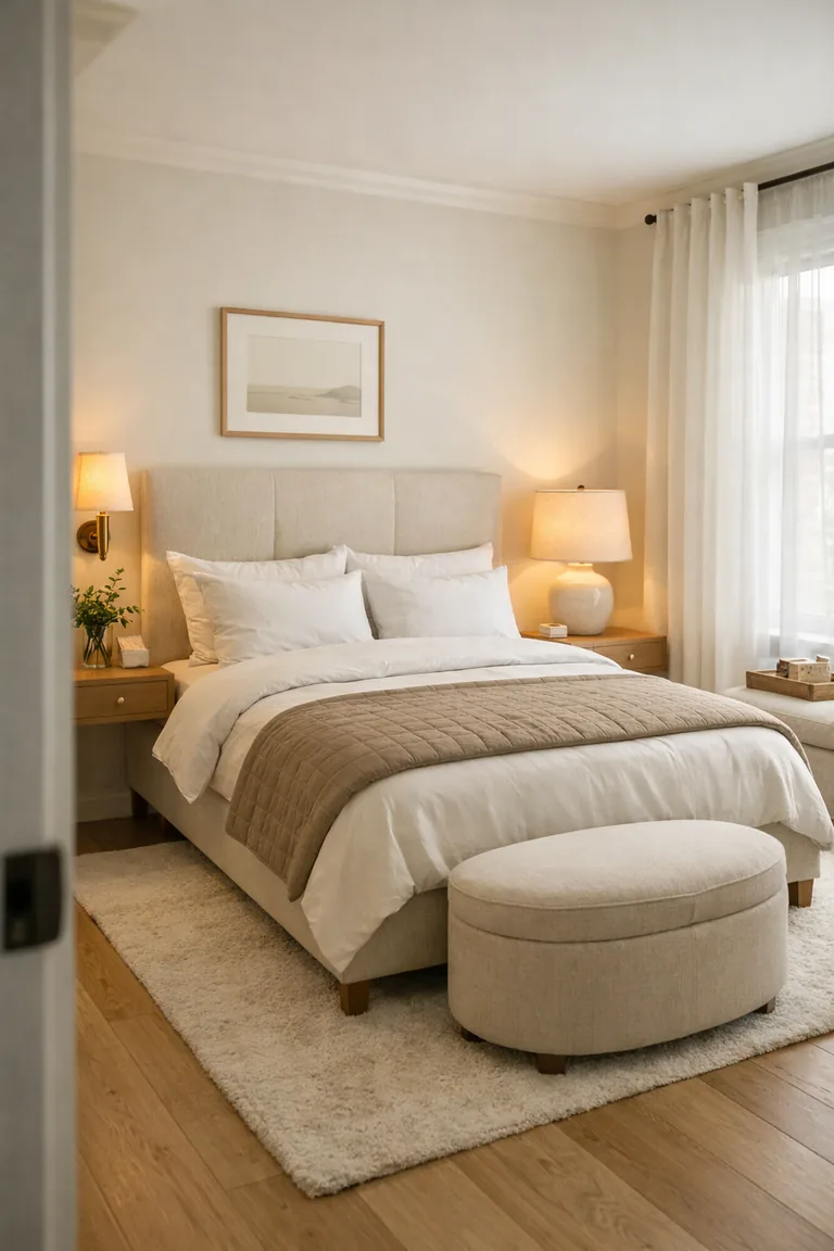 A small bright bedroom with a beige upholstered bed, white bedding, light oak nightstands, a brass wall sconce, a ceramic lamp, sheer white curtains, and an ivory rug.