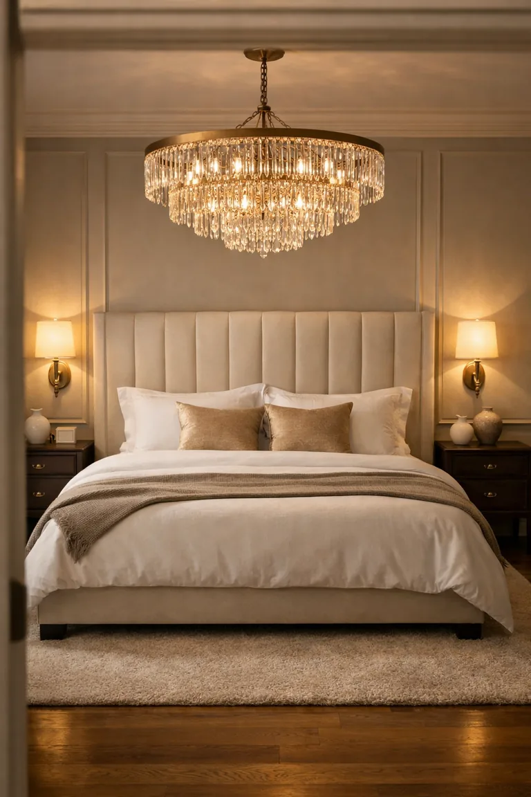 A bedroom with an ivory velvet headboard, layered white bedding, an oversized crystal chandelier in brushed brass, and matching wall sconces on pale greige paneled walls.