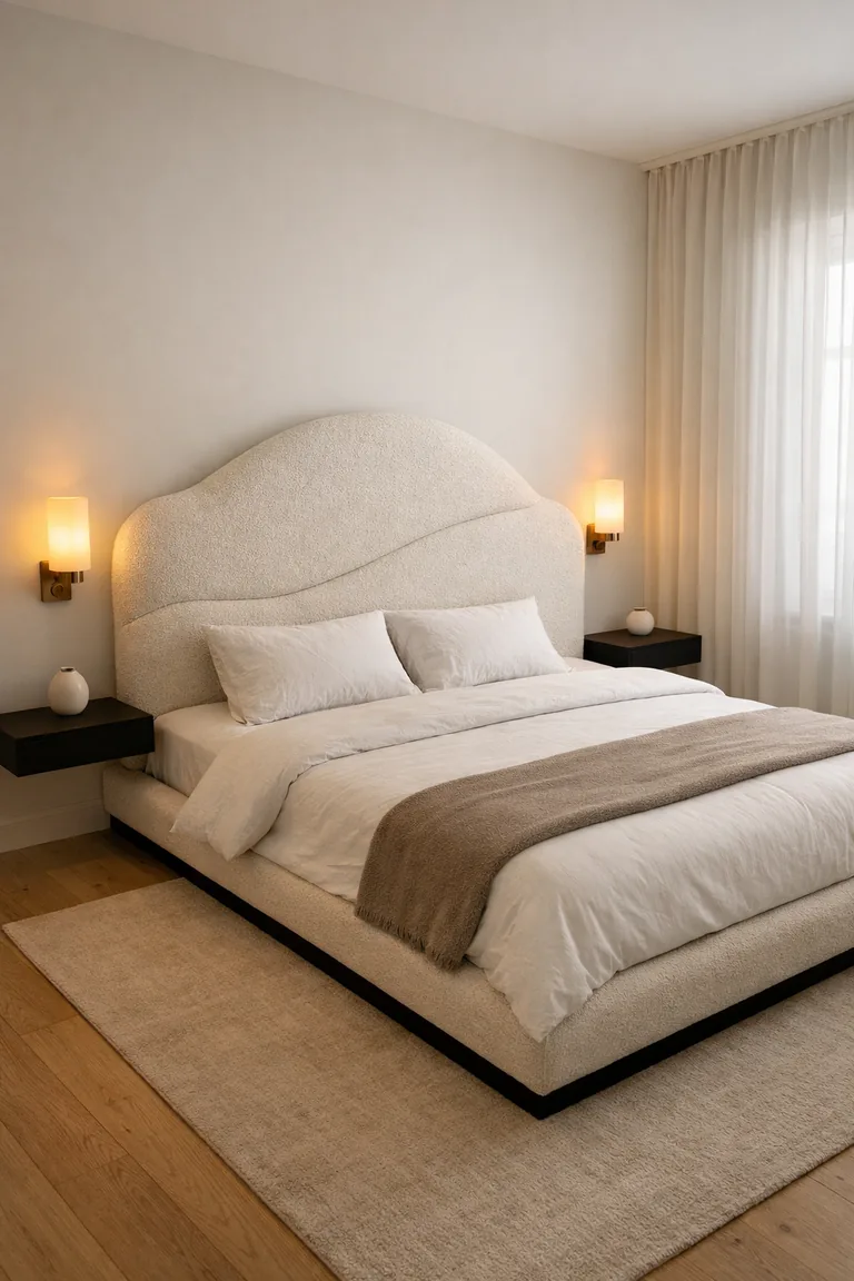 Modern bedroom with an oversized curved ivory boucle headboard, white bedding, black floating nightstands, warm wall sconces, a beige rug, and sheer curtains.