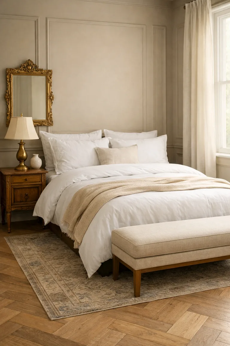 A greige bedroom with a white-dressed bed, an antique carved wood nightstand with a brass lamp, and an ornate gold-framed mirror above, lit by warm natural window light.