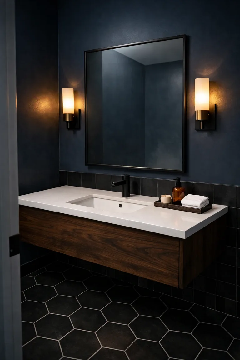 Deep navy bathroom with a floating wood vanity, white countertop and sink, matte black faucet, slim black-framed mirror, warm wall sconces, and black hex tile flooring.