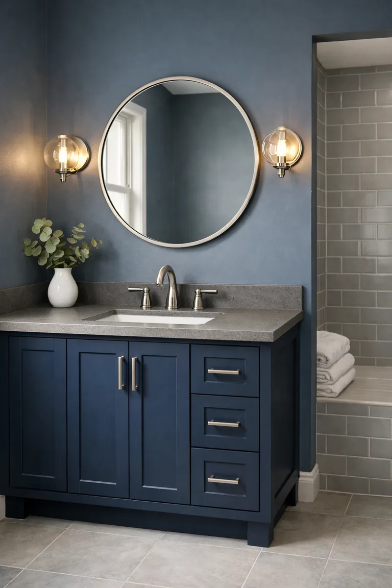 Navy vanity with a gray quartz countertop and white undermount sink, set against smoky blue walls and a shower with light gray subway tile, lit by warm globe sconces and a round framed mirror.