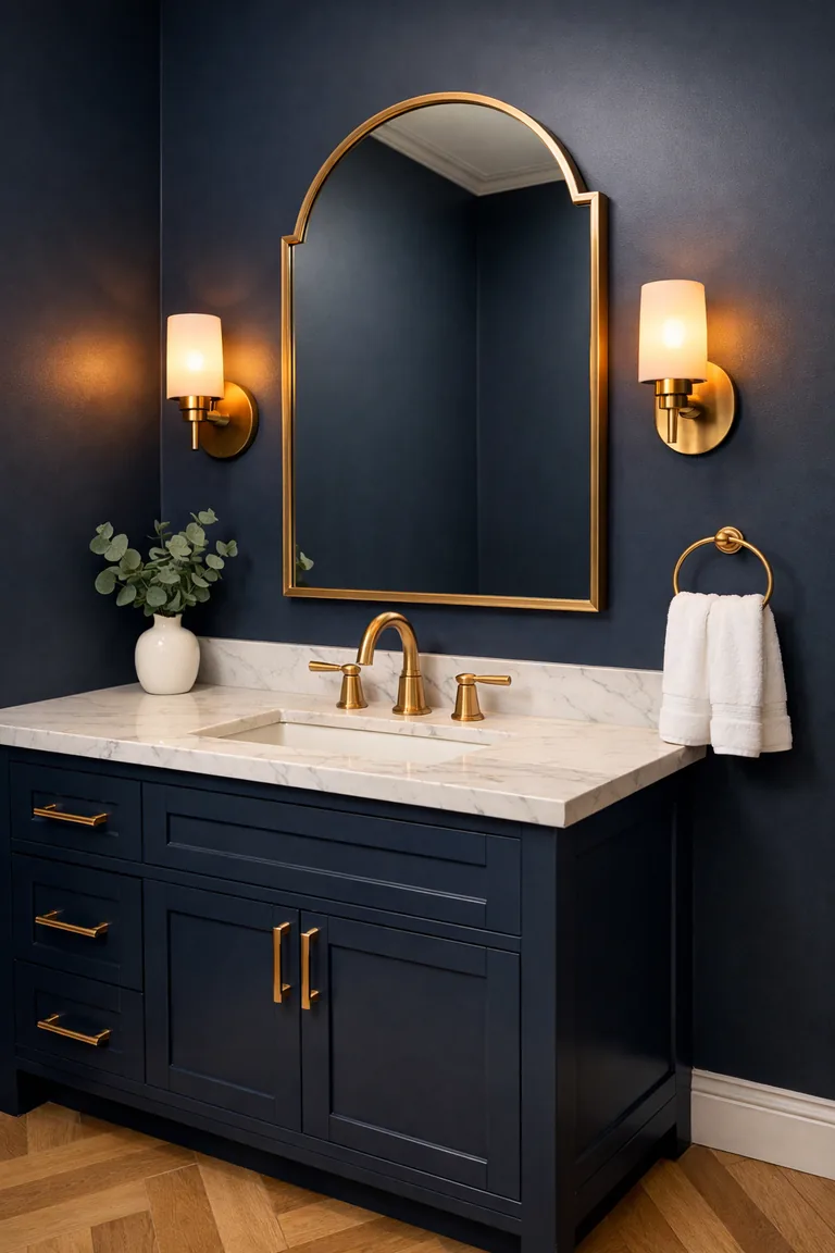 Bathroom with deep navy walls, a navy vanity with a white marble top, a brushed gold faucet and hardware, an arched gold-framed mirror, and warm sconces over an oak herringbone floor.
