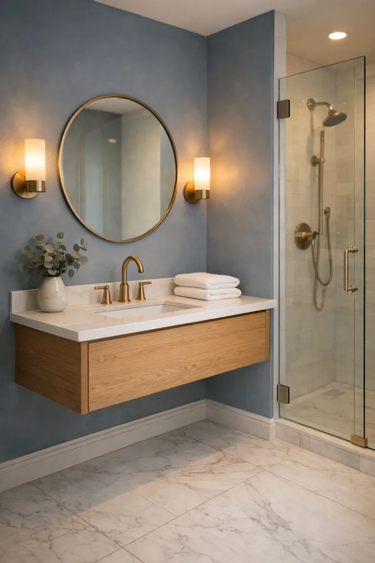 Dusty blue bathroom with a floating light oak vanity, white quartz countertop, round mirror, warm wall sconces, white marble floor, and a glass shower enclosure.