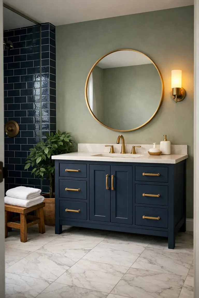 A bathroom with a matte navy vanity and brass hardware, sage green walls, a round brass mirror, warm wall sconce lighting, deep navy shower tiles, marble-look floor tile, a wood stool with white towels, and a potted green plant.