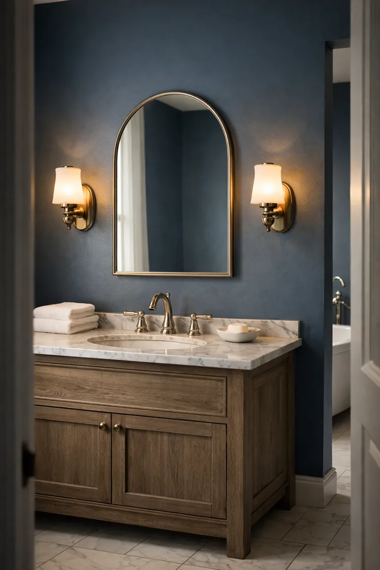 A moody French blue bathroom with a weathered wood vanity, white marble countertop, arched mirror, and brass sconces, with marble floor tiles and a freestanding tub in the background.