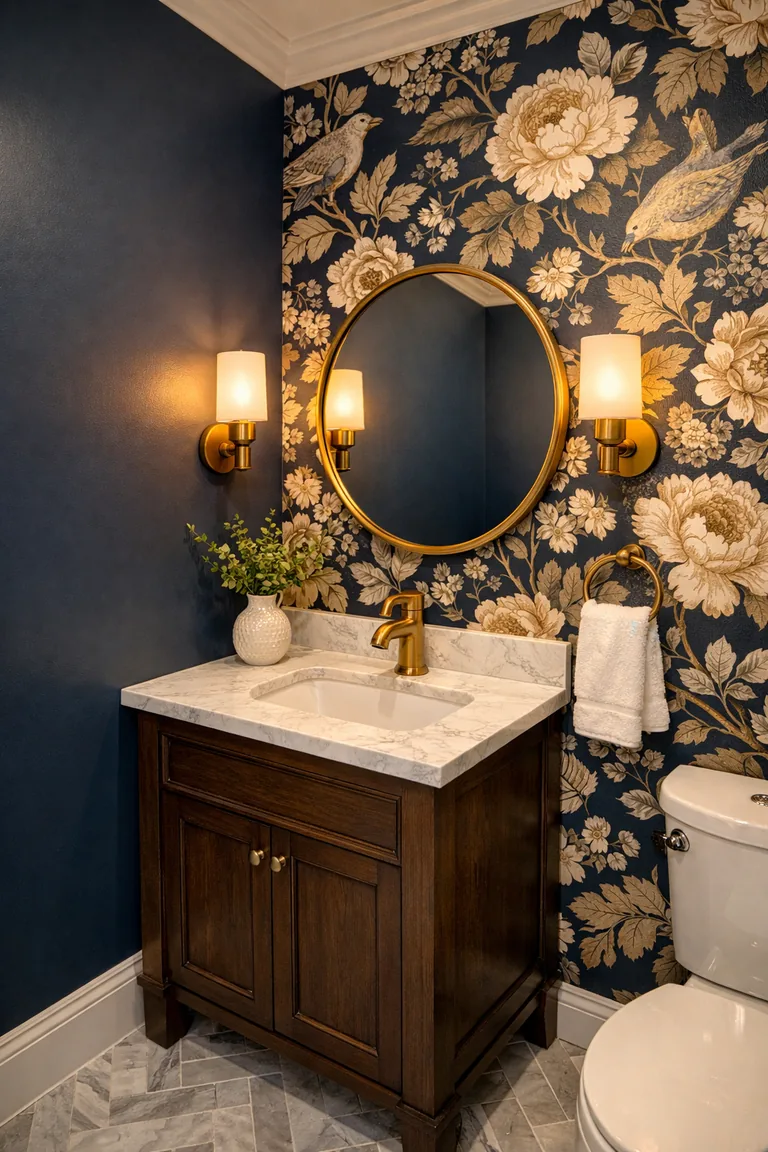 Small powder room with deep navy walls, a floral wallpaper accent wall, a dark wood vanity with white marble top, brass faucet, round brass mirror, and warm sconces above light gray marble tile flooring.