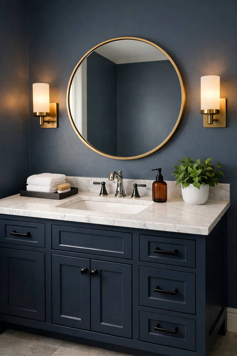 Navy blue bathroom vanity with a white marble countertop, matte black hardware, a round brass-framed mirror, and brass wall sconces on deep blue walls.