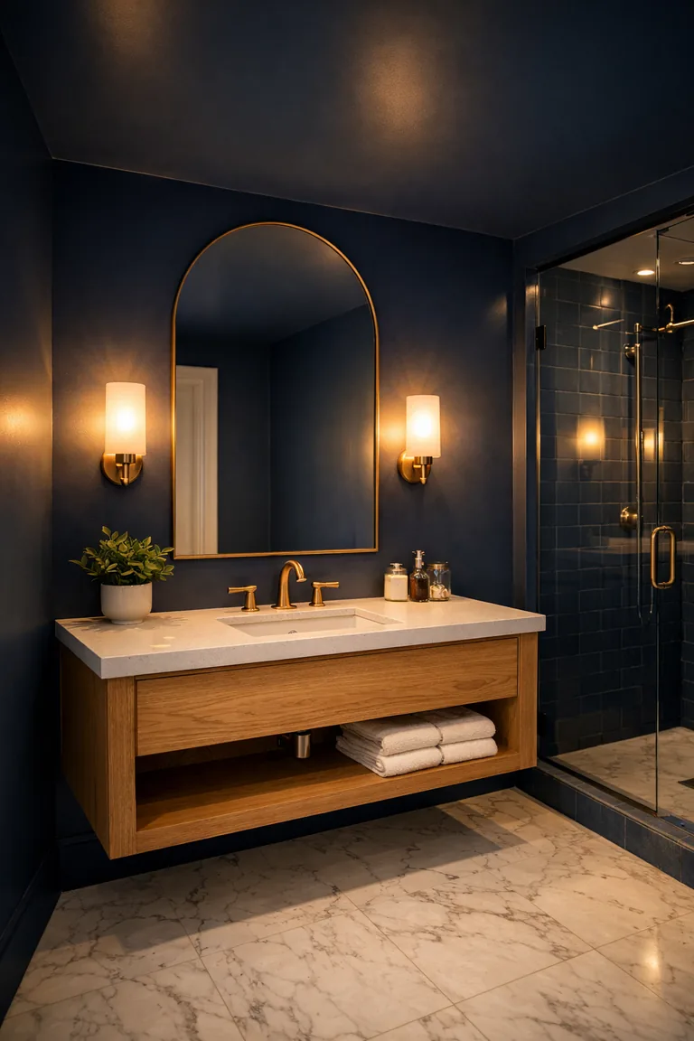 Deep navy bathroom with matching painted walls and ceiling, a light oak floating vanity with white countertop, brass faucet, arched mirror, warm wall sconces, marble floor, and a glass shower in the background.