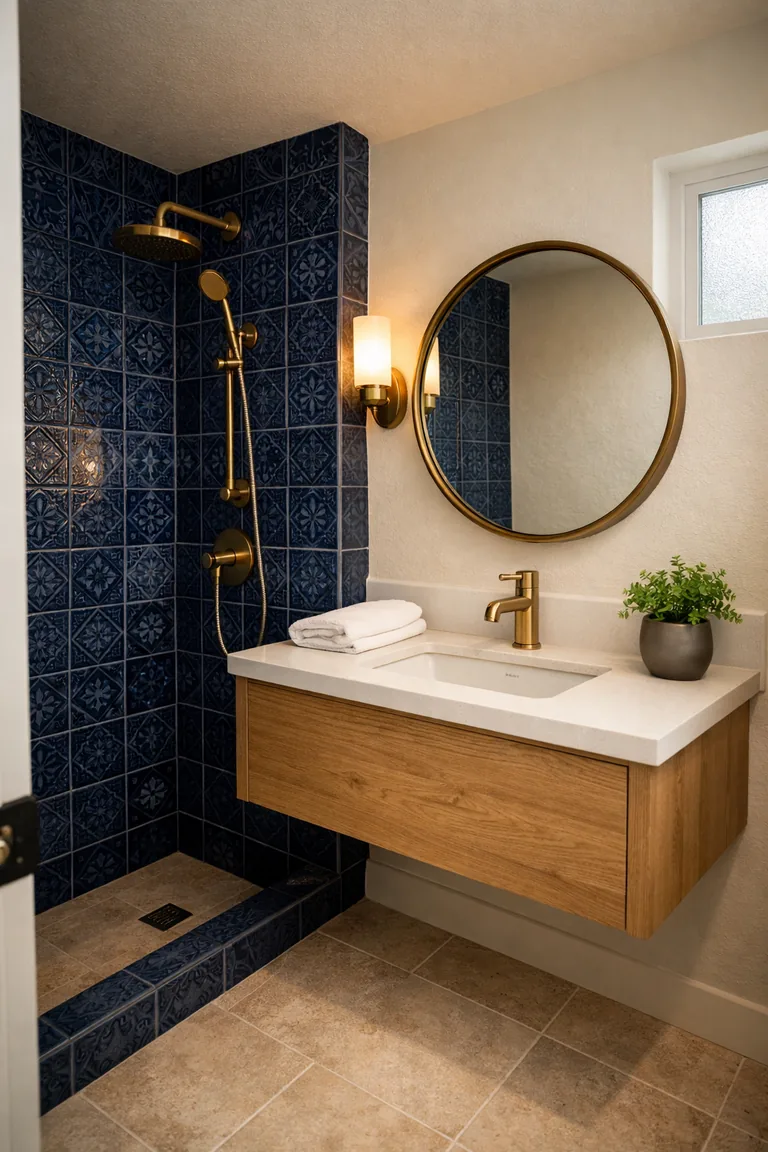 Small bathroom with deep navy patterned tile shower wall, a white oak floating vanity with white countertop, brass faucet, round brass mirror, warm sconce lighting, and beige stone floor.