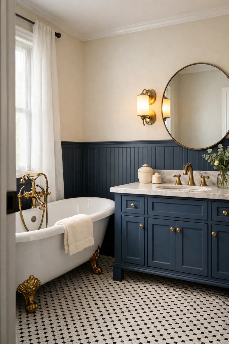A portrait view of a bathroom with a white clawfoot tub, antique brass fixtures, deep navy-blue beadboard walls, a deep blue vanity with a white marble top, brass sconces, and a black-and-white hex tile floor.