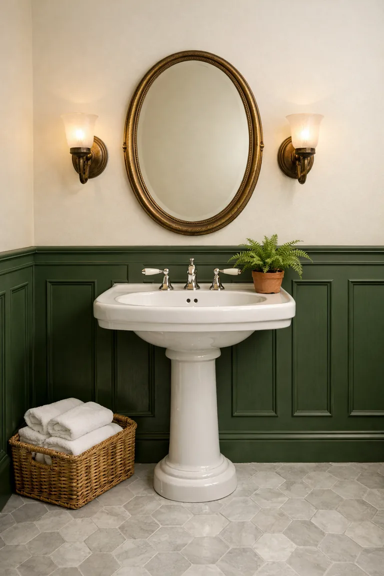 Bathroom with deep green wainscoting, creamy white walls, a pedestal sink, an oval brass-framed mirror, and two antique-style sconces on either side.