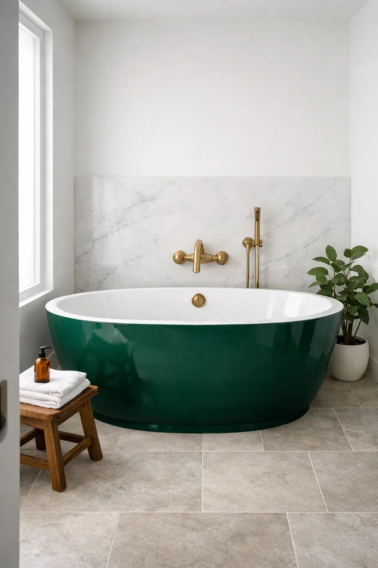 A freestanding glossy emerald green bathtub in a white bathroom with brushed brass fixtures, a light stone tile floor, a small wooden stool with a white towel, and a frosted window.