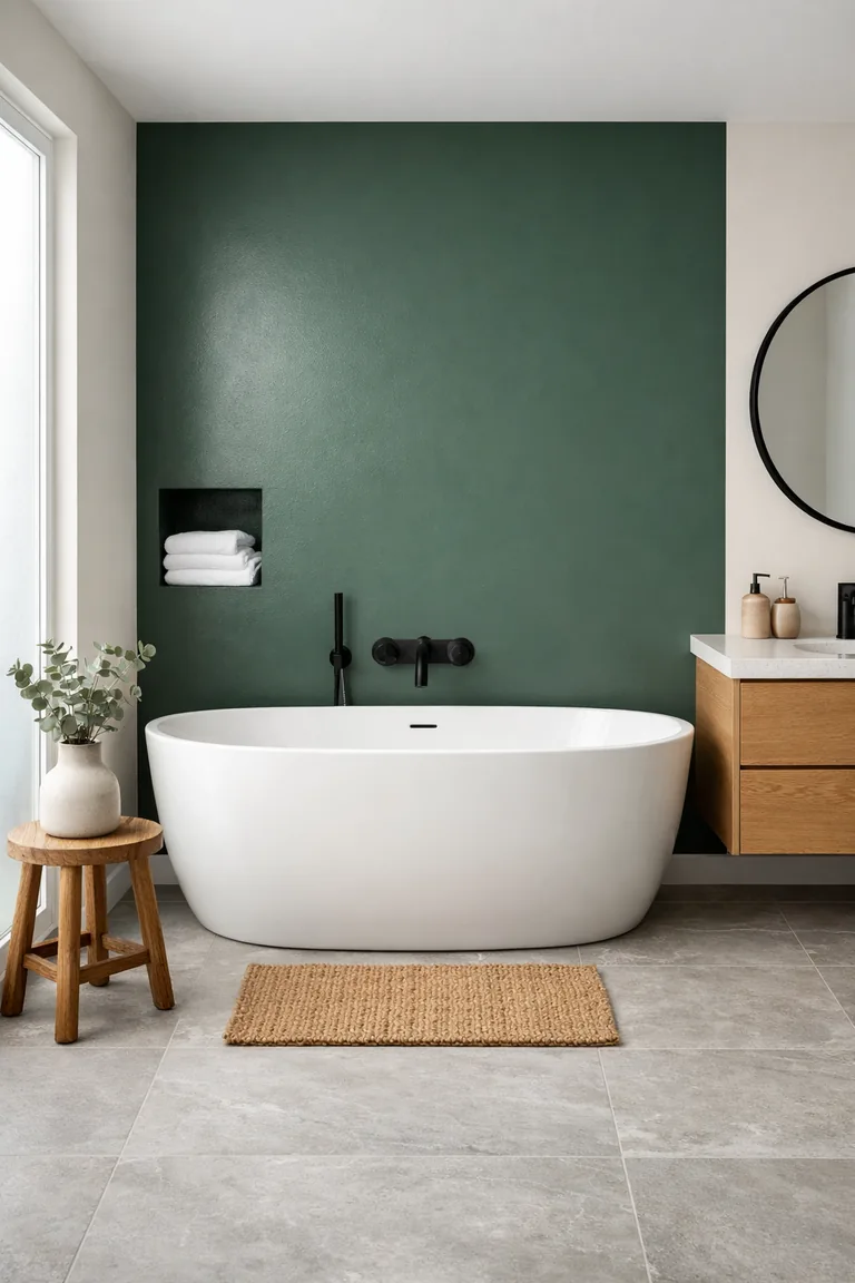 A bathroom with a forest green feature wall behind a freestanding white tub, a light oak floating vanity with a round black-framed mirror, and pale gray tile flooring lit by soft daylight from a frosted window.