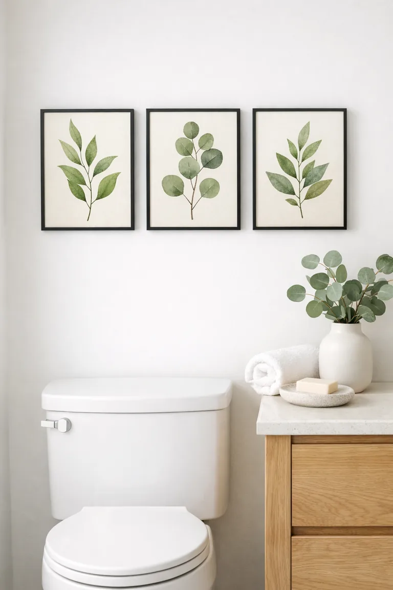 Three black-framed green botanical prints hang above a white toilet beside a light oak vanity with a white vase of eucalyptus, a rolled towel, and a stone soap dish in soft daylight.