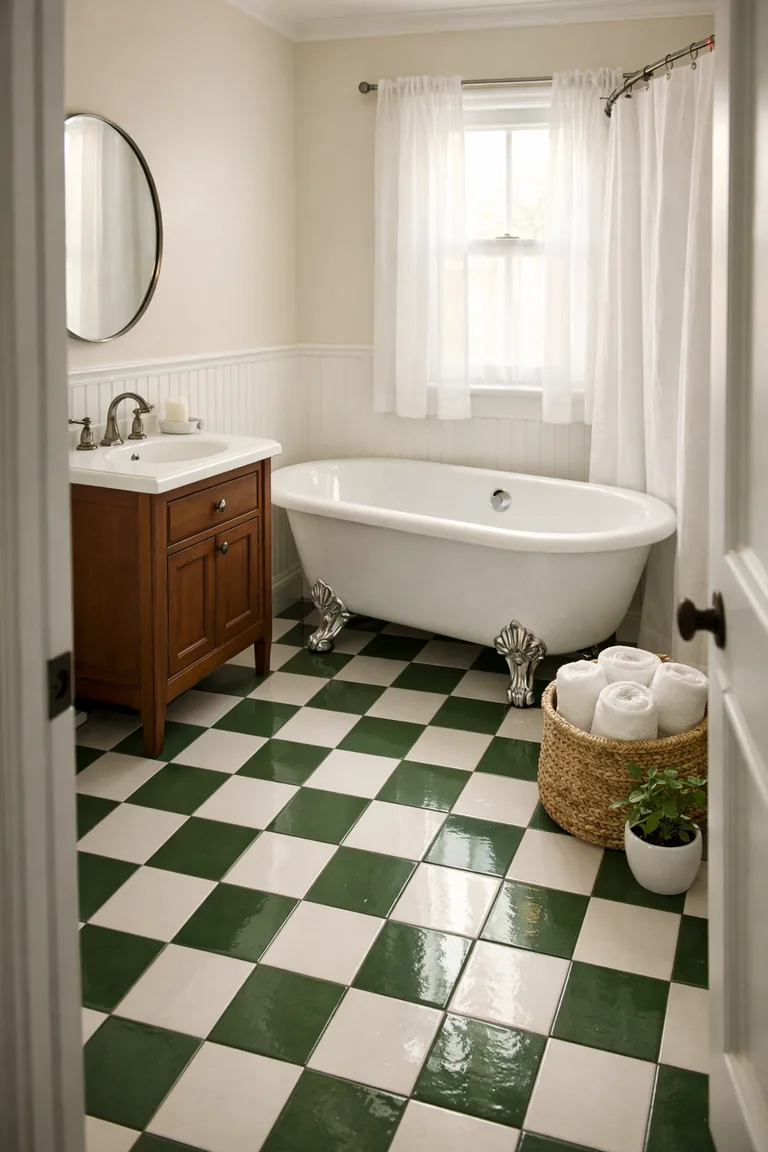 Bathroom with a glossy green-and-white checkerboard tile floor, a white clawfoot tub, beadboard walls, a wood vanity with a porcelain sink, and soft daylight from a window.