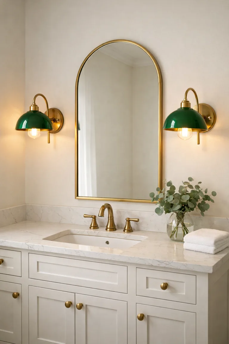 A white vanity bathroom with an arched mirror flanked by glossy green wall sconces on brass arms, a quartz countertop, and a brass faucet.