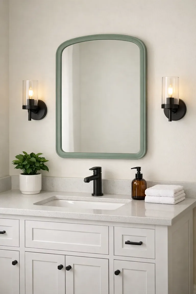 A white vanity with a quartz countertop and matte black faucet sits beneath a large rounded mirror with a sage-green frame, flanked by two black sconces and styled with a small plant and amber soap dispenser.