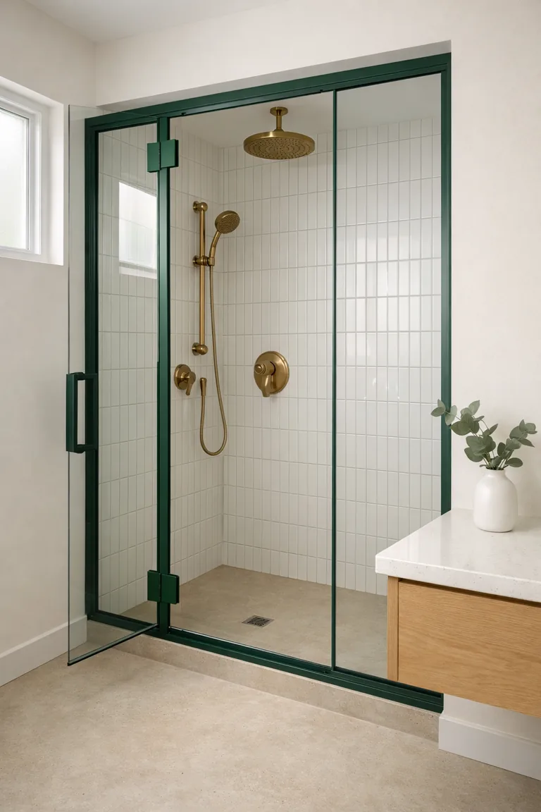 A modern walk-in shower with clear glass doors framed in deep green metal, white tiled walls, warm brass shower fixtures, and a light beige floor.