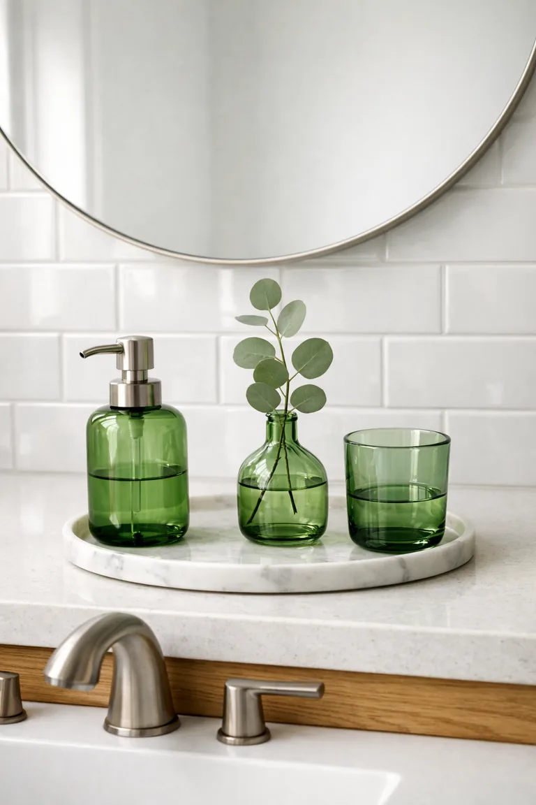 A white bathroom vanity with a brushed nickel faucet, styled with a green glass soap dispenser, green glass tumbler, and a small green glass vase on a marble tray in front of white subway tile and a round mirror.