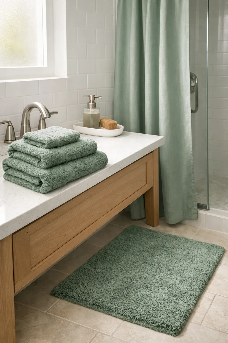 A white-tiled bathroom with a light wood vanity, stacked sage-green towels on the counter, a matching sage-green bath mat on pale stone tile, and a sage-green shower curtain near a glass shower.