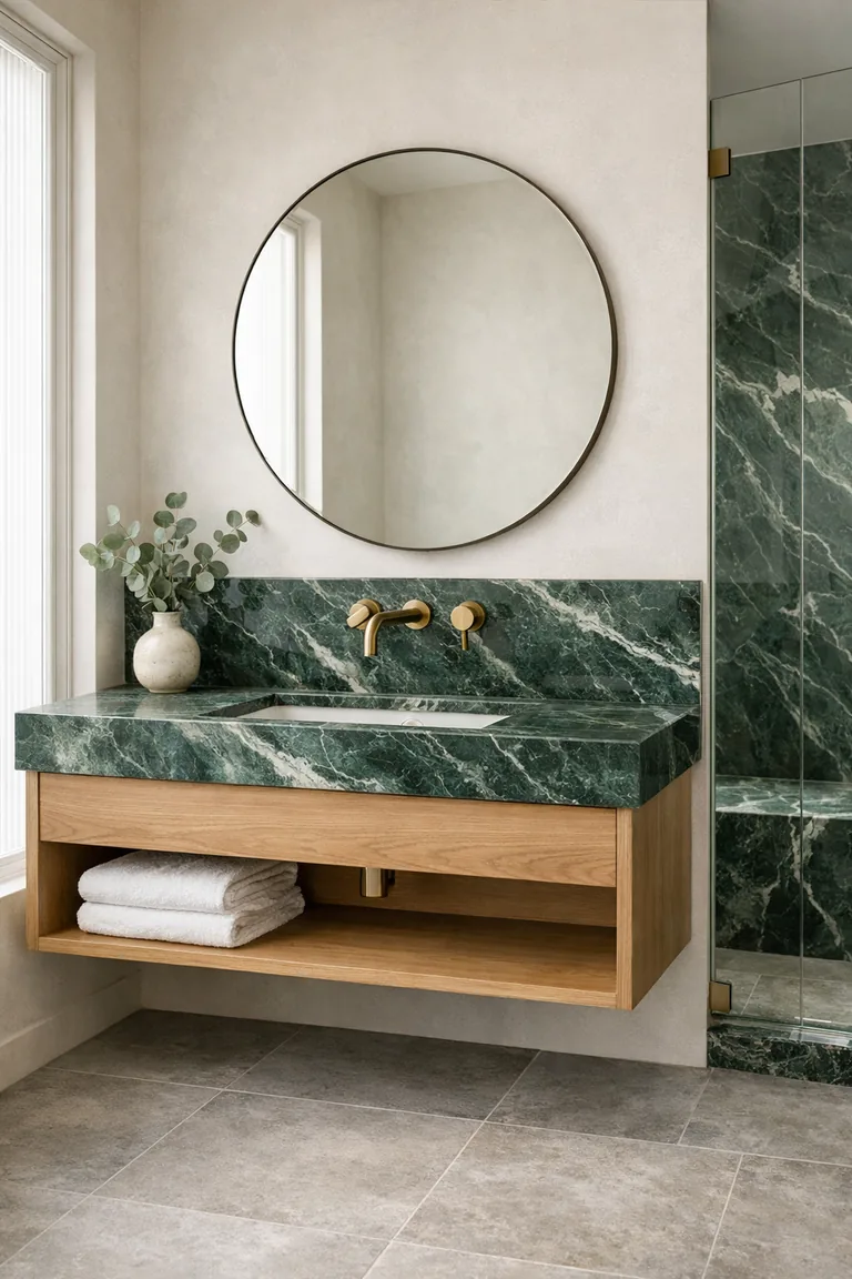 A bathroom with a white oak floating vanity topped with polished green marble, a matching green marble backsplash, a round frameless mirror, and a green marble shower bench behind clear glass.